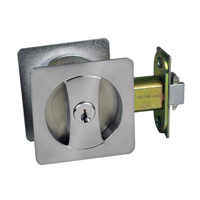 1601  Contemporary Entry Square Pocket Lock , Silver Pocket Door Lock with Key,  Sliding Door Lock